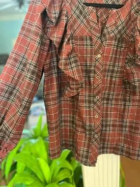 entro | Tops | Entro Plaid Ruffle Blouse Large Boho Babydoll Fall ...